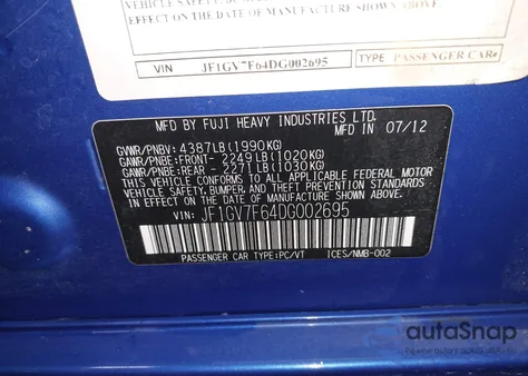 2013 Subaru Impreza Wrx Limited/Premium из США, поврежденный, VIN JF1GV7F64DG002695